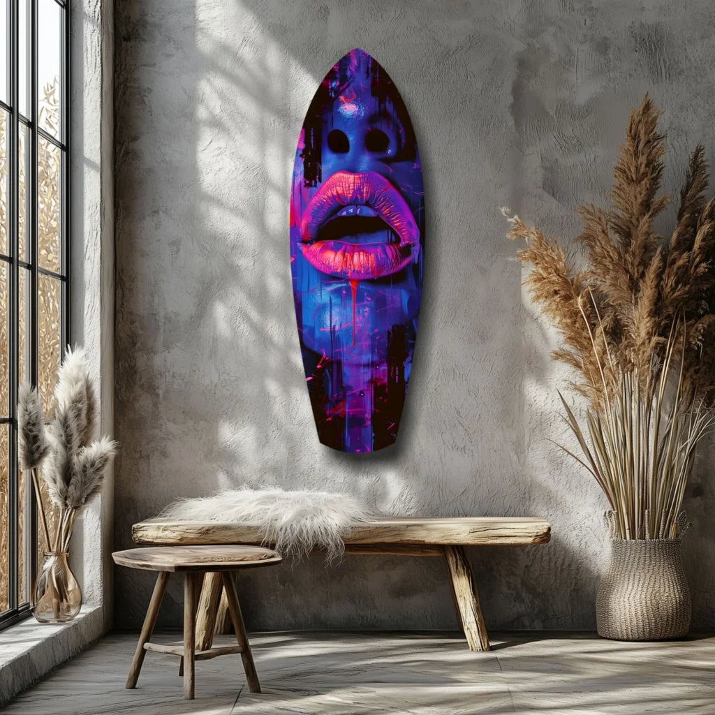 Vibrant purple pink graffiti surfboard tempered glass art with bold lips