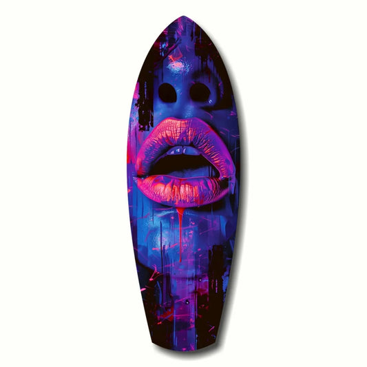 Vibrant purple pink graffiti surfboard tempered glass art with bold face and glossy lips