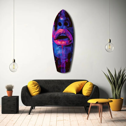 Vibrant tempered glass art: surfboard with bold pink lips on purple blue drip background