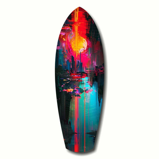 Vibrant tempered glass art surfboard with neon sunset cityscape
