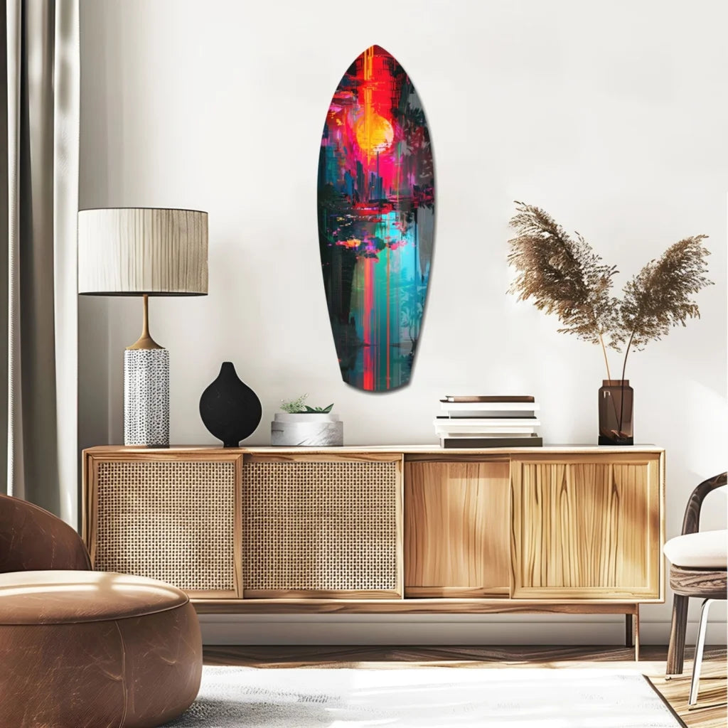 Vibrant tempered glass surfboard art with neon sunset cityscape