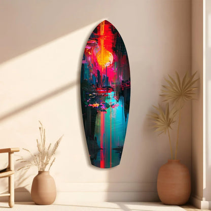 Vibrant tempered glass art surfboard with neon sunset cityscape