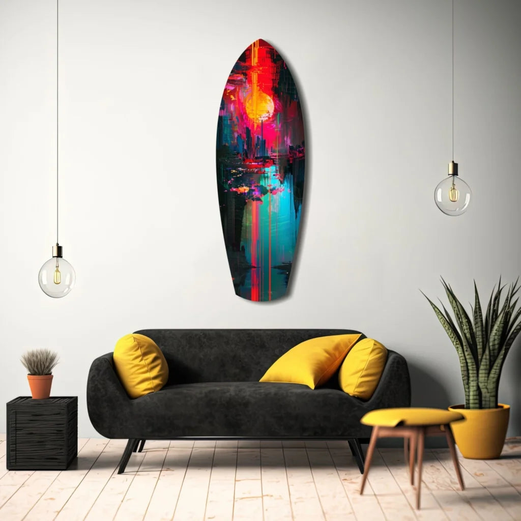 Vibrant surfboard tempered glass art with neon sunset cityscape