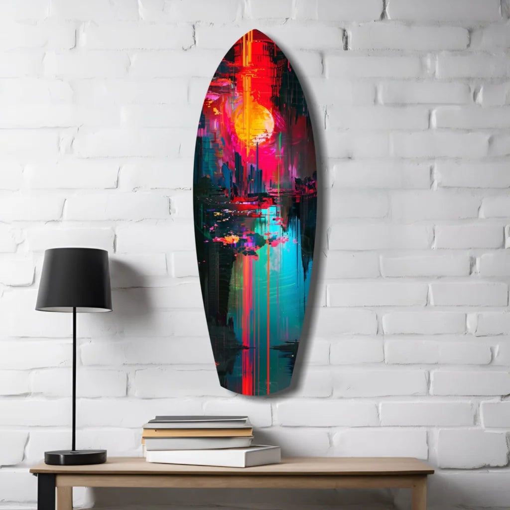 Vibrant surfboard tempered glass art with neon sunset cityscape