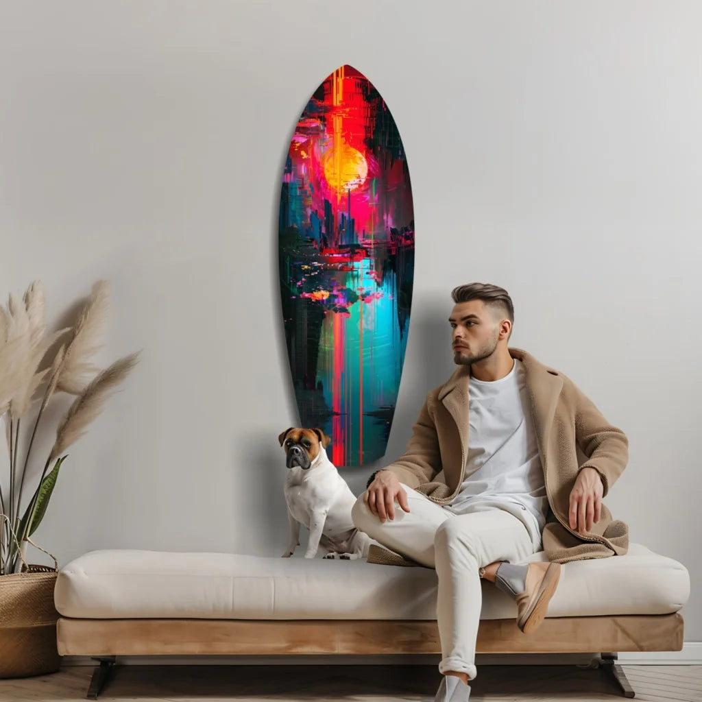 Vibrant surfboard tempered glass art with neon sunset cityscape