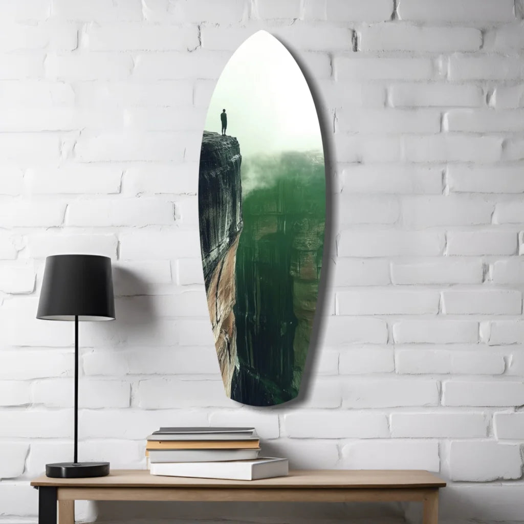 Sleek oval surfboard tempered glass art with cliffside scene and size comparison