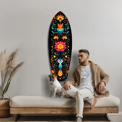 Vibrant surfboard tempered glass art with floral and animal designs on wood, black background, size comparison guide