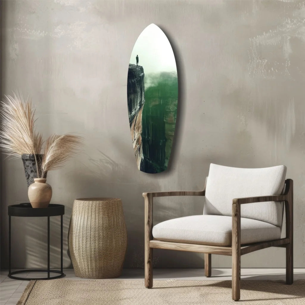 Oval surfboard tempered glass art mirror on gray wall