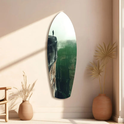 Sleek oval tempered glass art mirror with cliffside surfboard scene