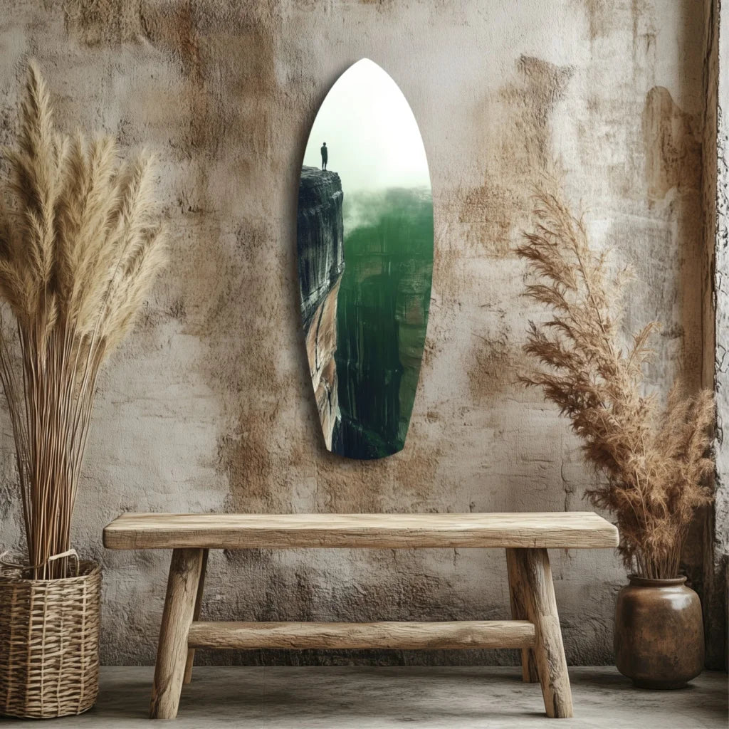 Surfboard tempered glass art mirror with cliffside reflection and size comparison
