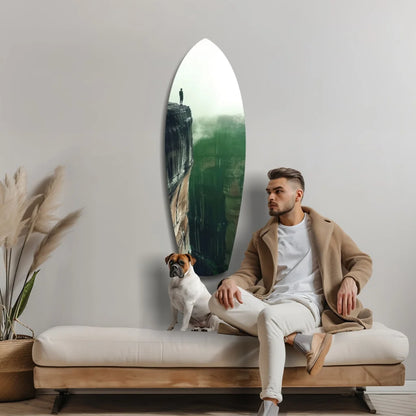 Surfboard tempered glass art mirror with misty cliffside reflection