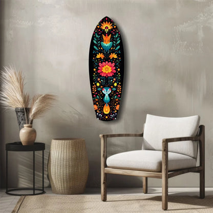 Surfboard tempered glass art with floral birds, black background, wooden frame, size comparison