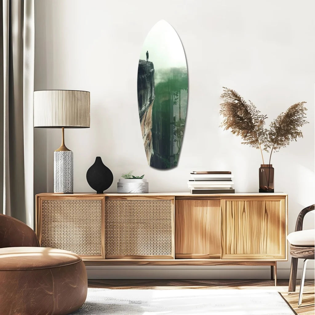 Sleek oval tempered glass art mirror showing lone cliffside figure