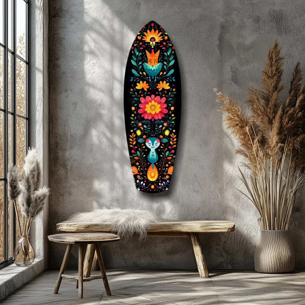 Black surfboard tempered glass art with floral bird designs