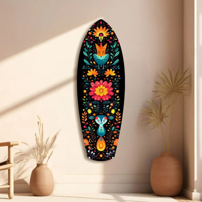 Colorful surfboard tempered glass art with floral and animal designs on black background