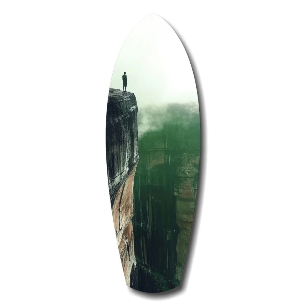 Sleek oval surfboard tempered glass art with misty cliffside print and size comparison
