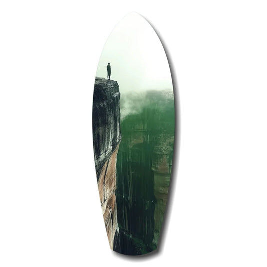 Sleek oval surfboard tempered glass art with misty cliffside print and size comparison