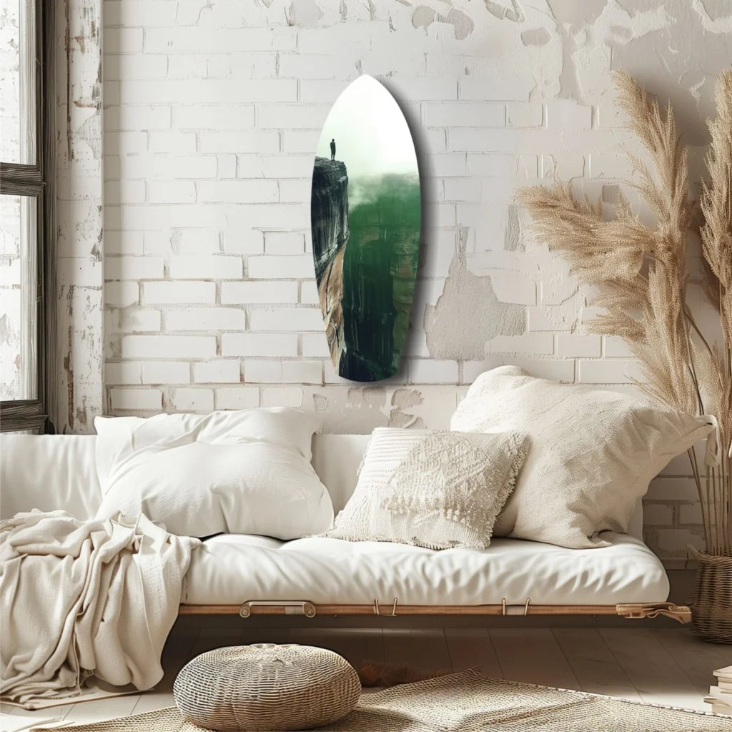 Surfboard tempered glass art with misty coastal scene and size guide