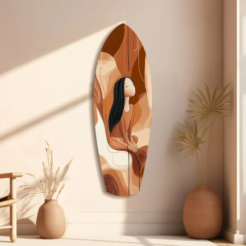 Modern tempered glass art of abstract surfboard with stylized woman in earthy tones and size comparison
