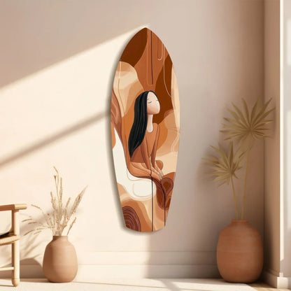 Modern tempered glass art of abstract surfboard with stylized woman in earthy tones and size comparison