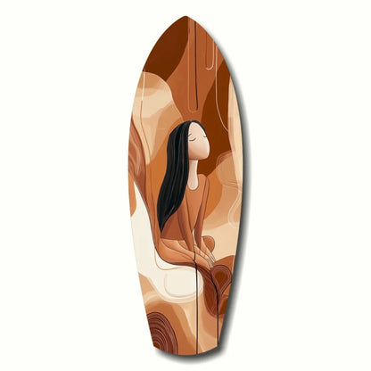 Sleek surfboard tempered glass art of serene woman with flowing swirls and size comparison