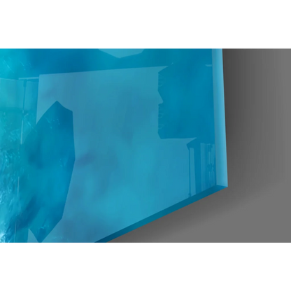 Translucent blue glass wall art with ocean wave design