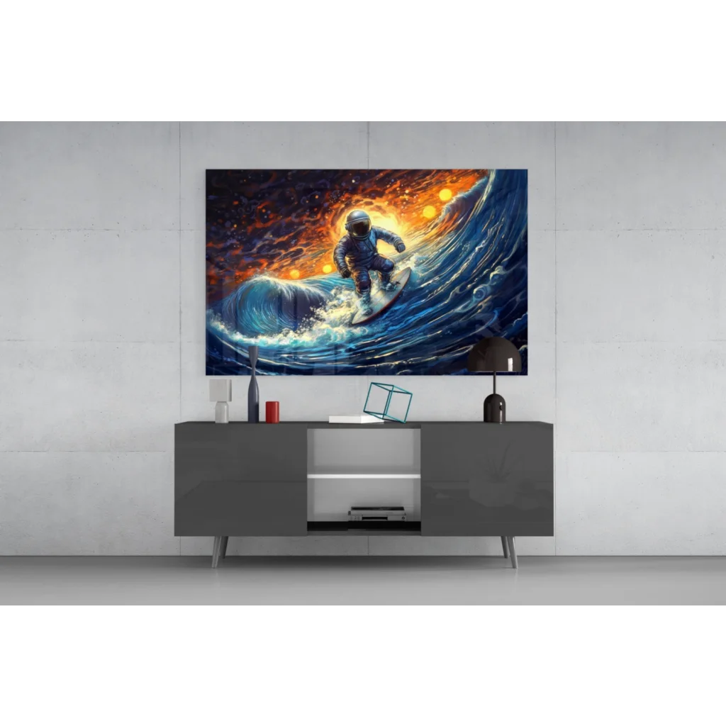 Vibrant astronaut surfing cosmic wave glass wall art canvas print