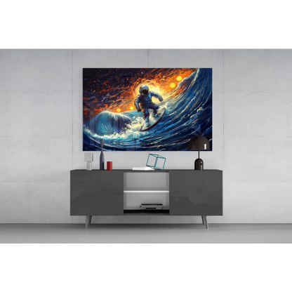 Vibrant astronaut surfing cosmic wave glass wall art canvas print
