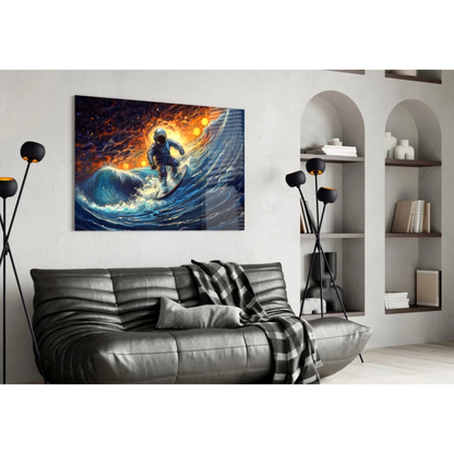 Vibrant astronaut surfing cosmic wave glass wall art canvas print
