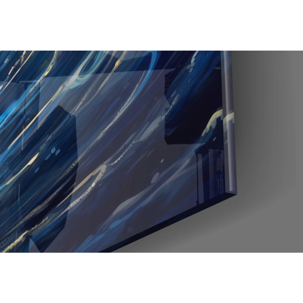 Sleek TV showing astronaut surfing cosmic wave glass wall art in blues and golds