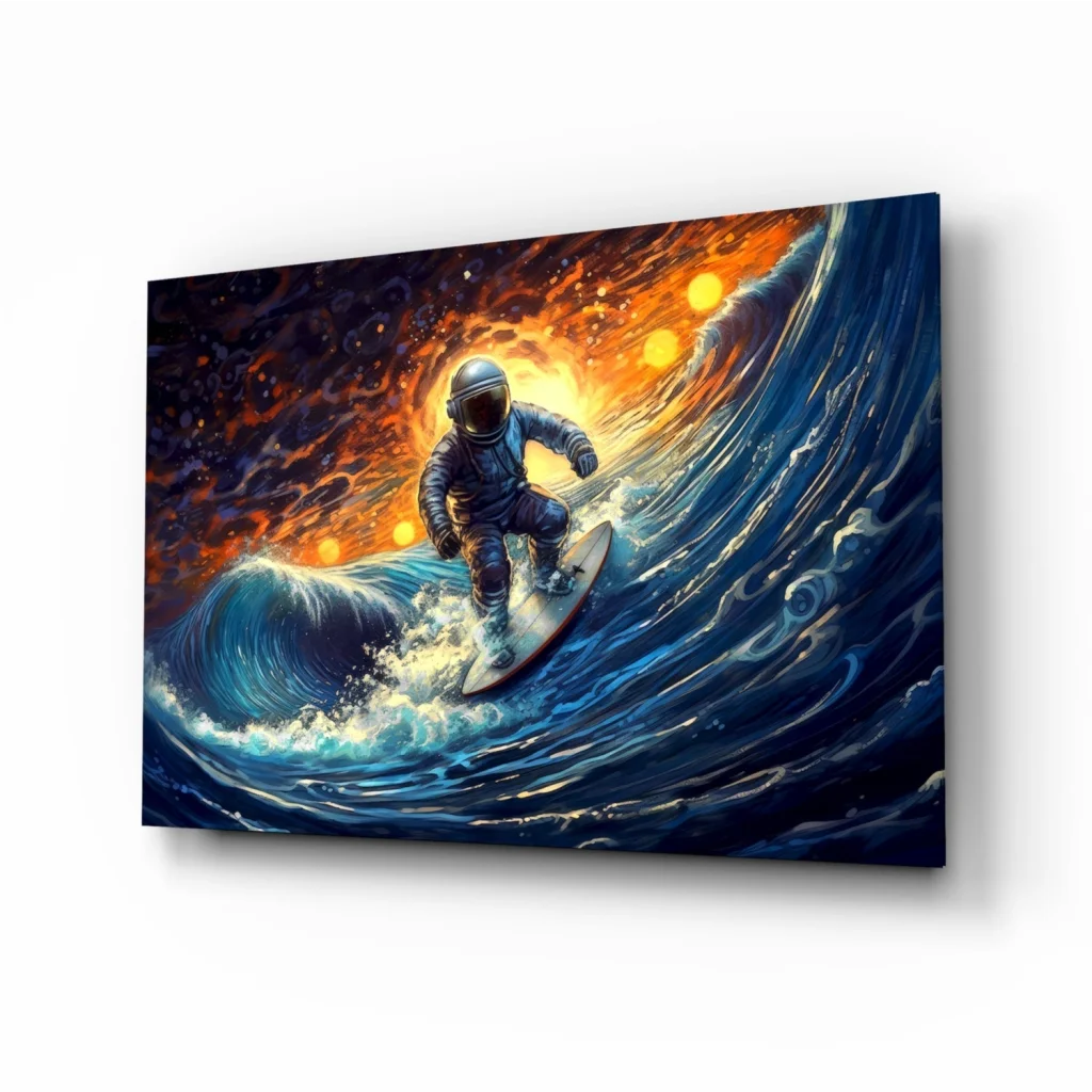 Astronaut surfing cosmic wave glass wall art canvas print