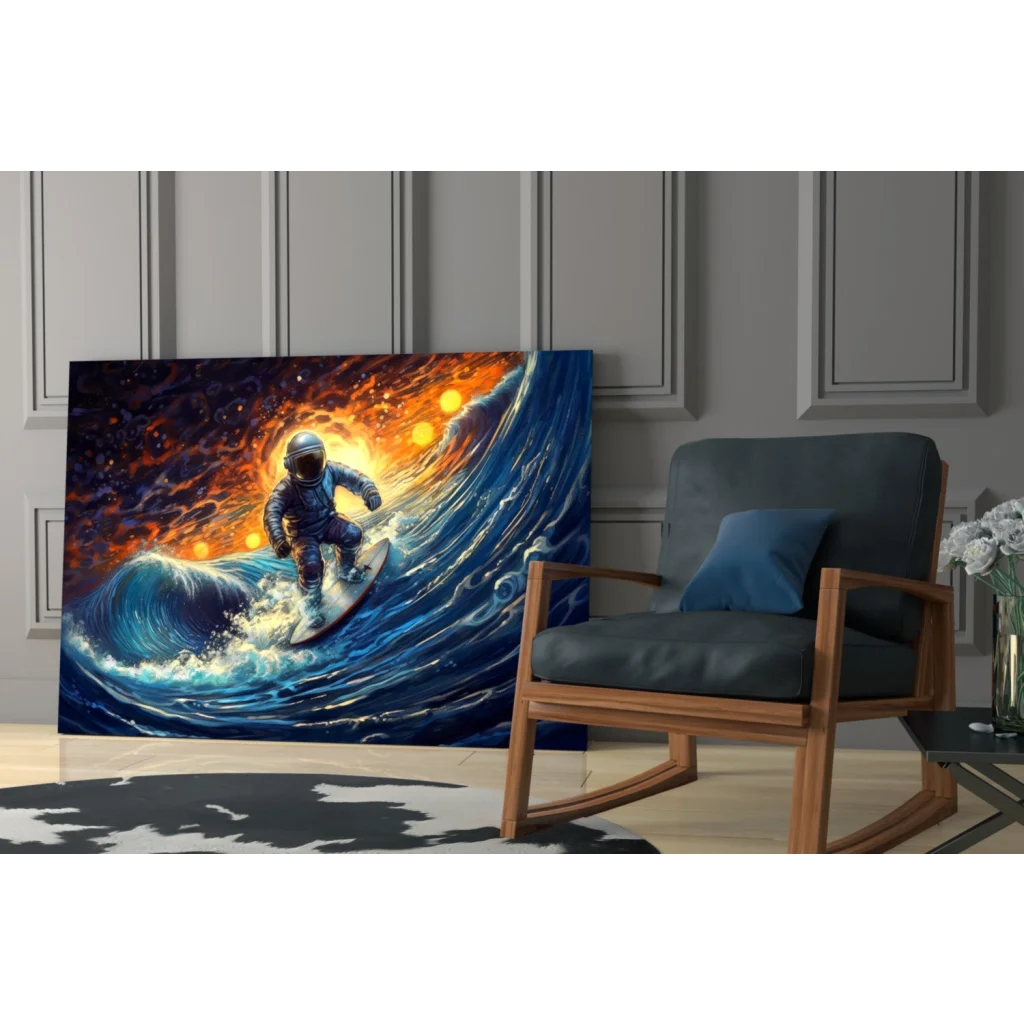 Vibrant astronaut surfing cosmic wave glass wall art canvas print