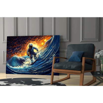 Vibrant astronaut surfing cosmic wave glass wall art canvas print