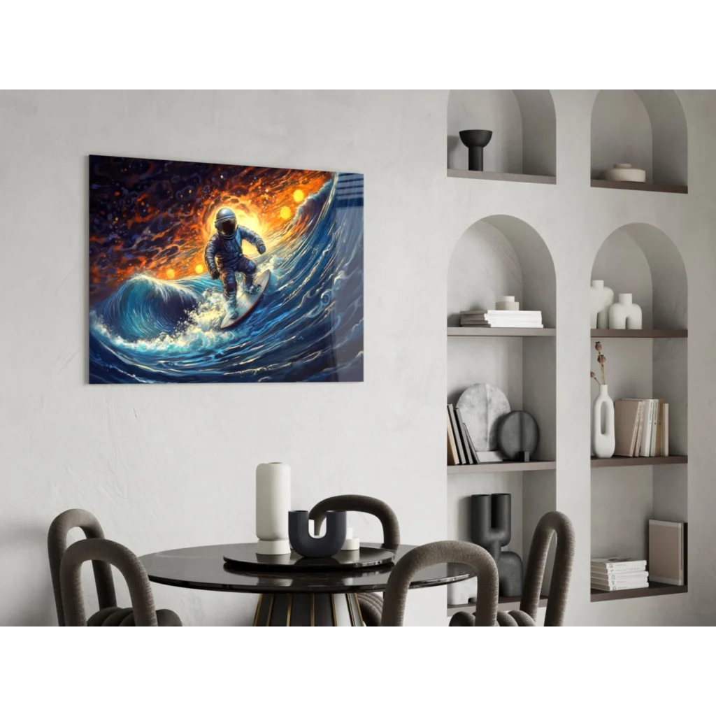 Vibrant astronaut surfing cosmic wave glass wall art canvas print