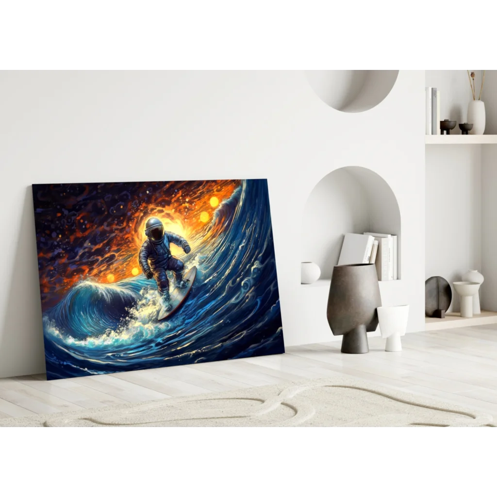 Vibrant astronaut surfing cosmic wave on glass wall art canvas print