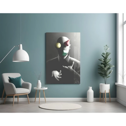 Surreal black and white clown portrait wall art with green accents