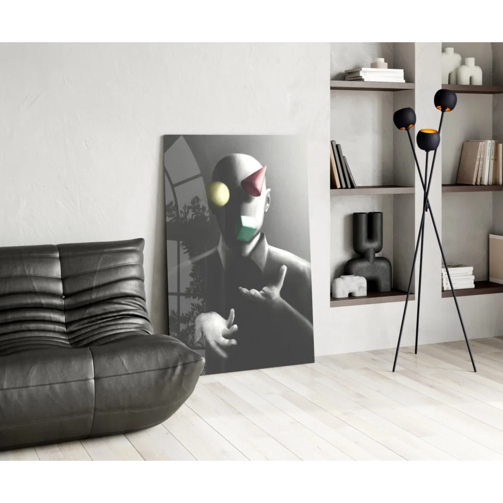 Surreal Clown Mask glass wall art print on black leather couch