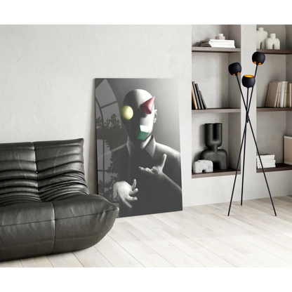 Surreal Clown Mask glass wall art print on black leather couch