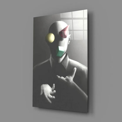 Surreal clown mask wall art print in white with colorful accents