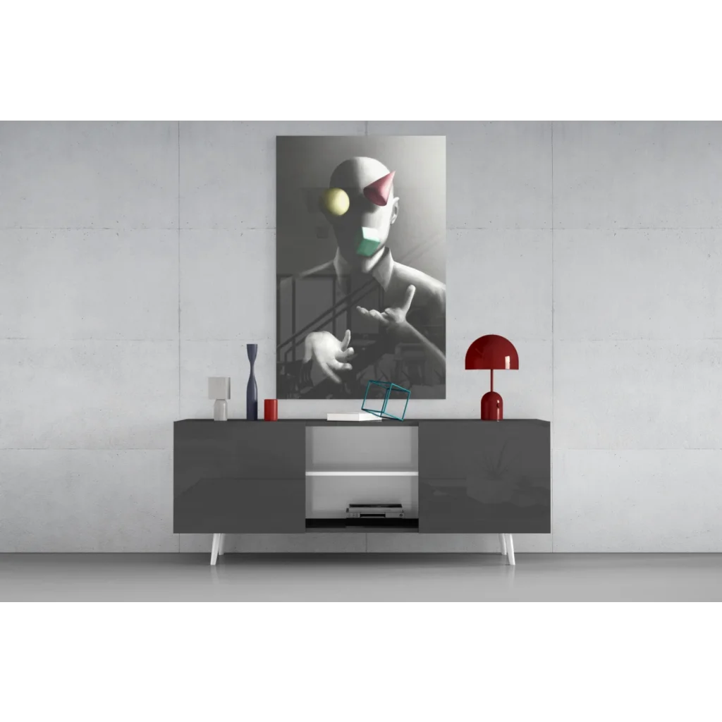Modern gray TV stand with white legs and red lampshade wall art
