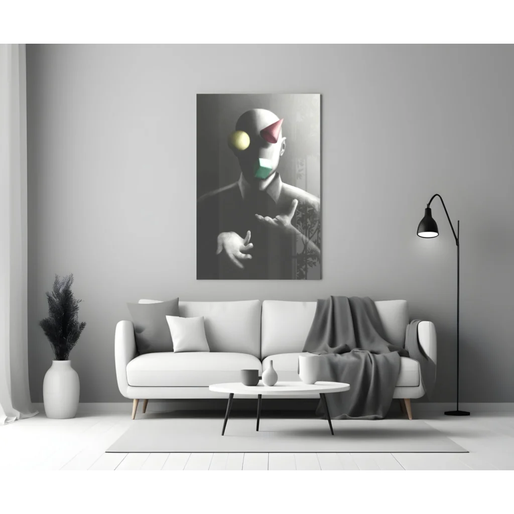 Surreal clown mask wall art print in black and white with colorful accents