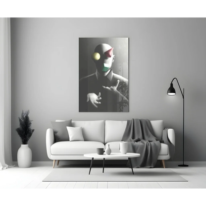 Surreal clown mask wall art print in black and white with colorful accents