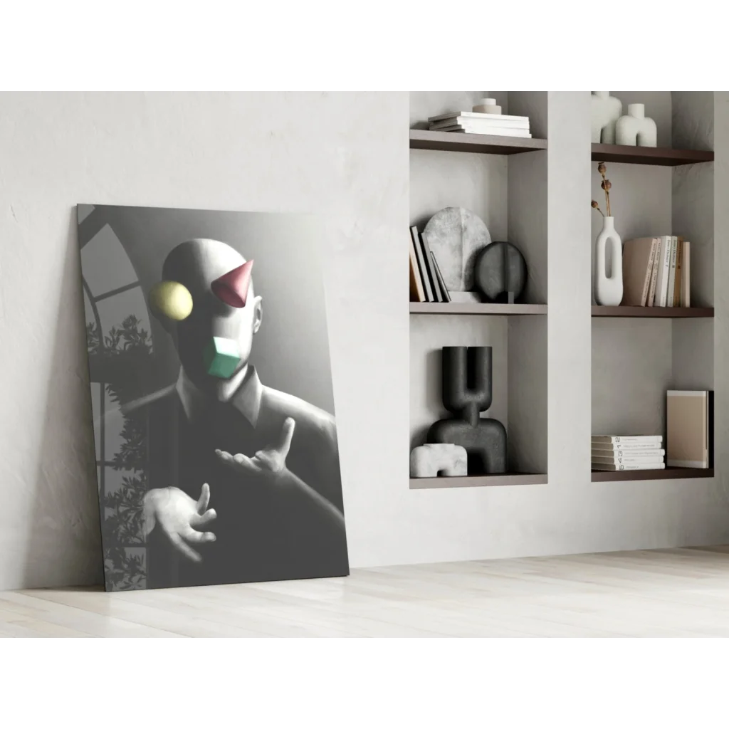 Surreal clown mask wall art print in black and white with green accents