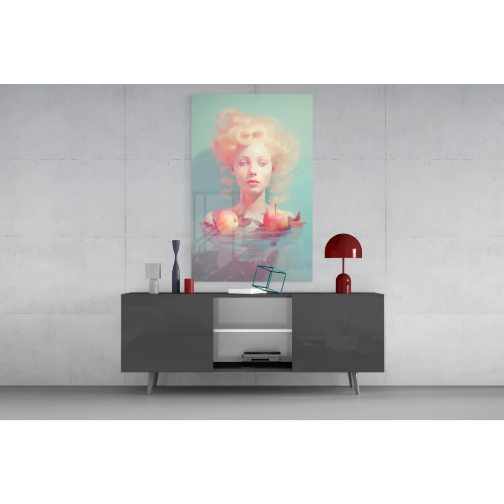 Modern gray sideboard with sleek legs under Surreal Woman in Water glass wall art