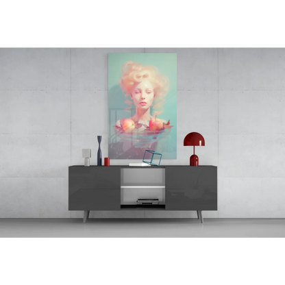 Modern gray sideboard with sleek legs under Surreal Woman in Water glass wall art