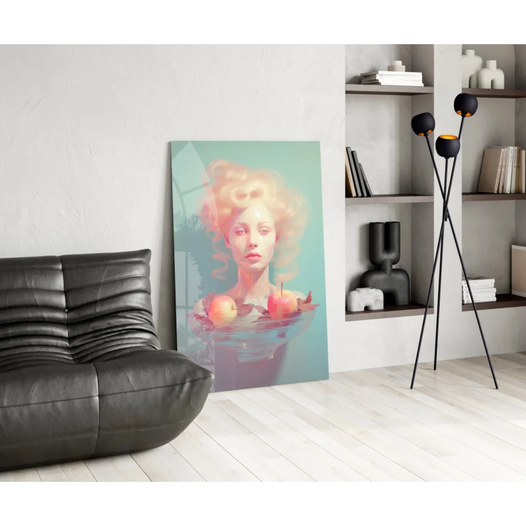 Surreal woman in water abstract wall art print with teal orange fruit face