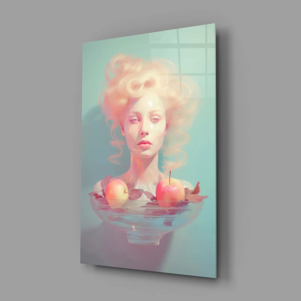 Mint green surreal woman in water wall art with apples and hair