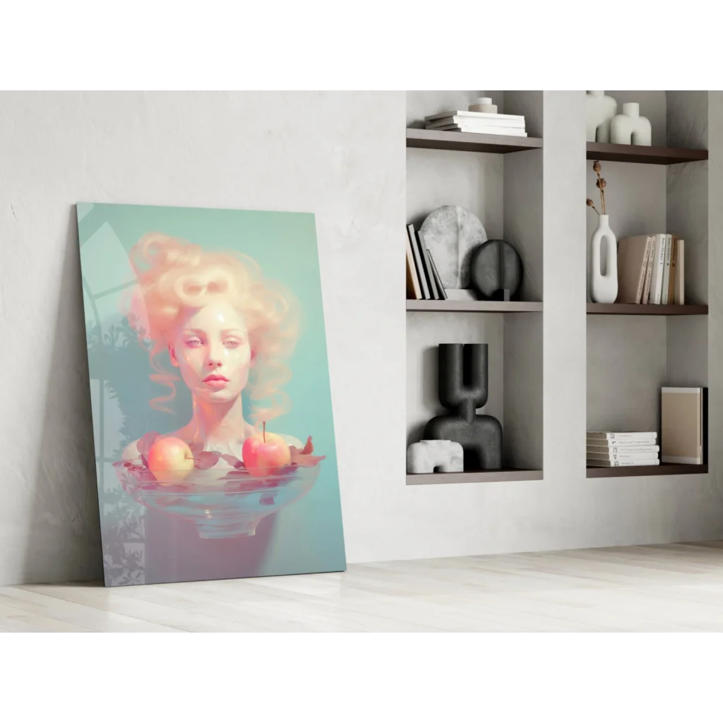 Surreal teal pink woman in water abstract glass wall art print