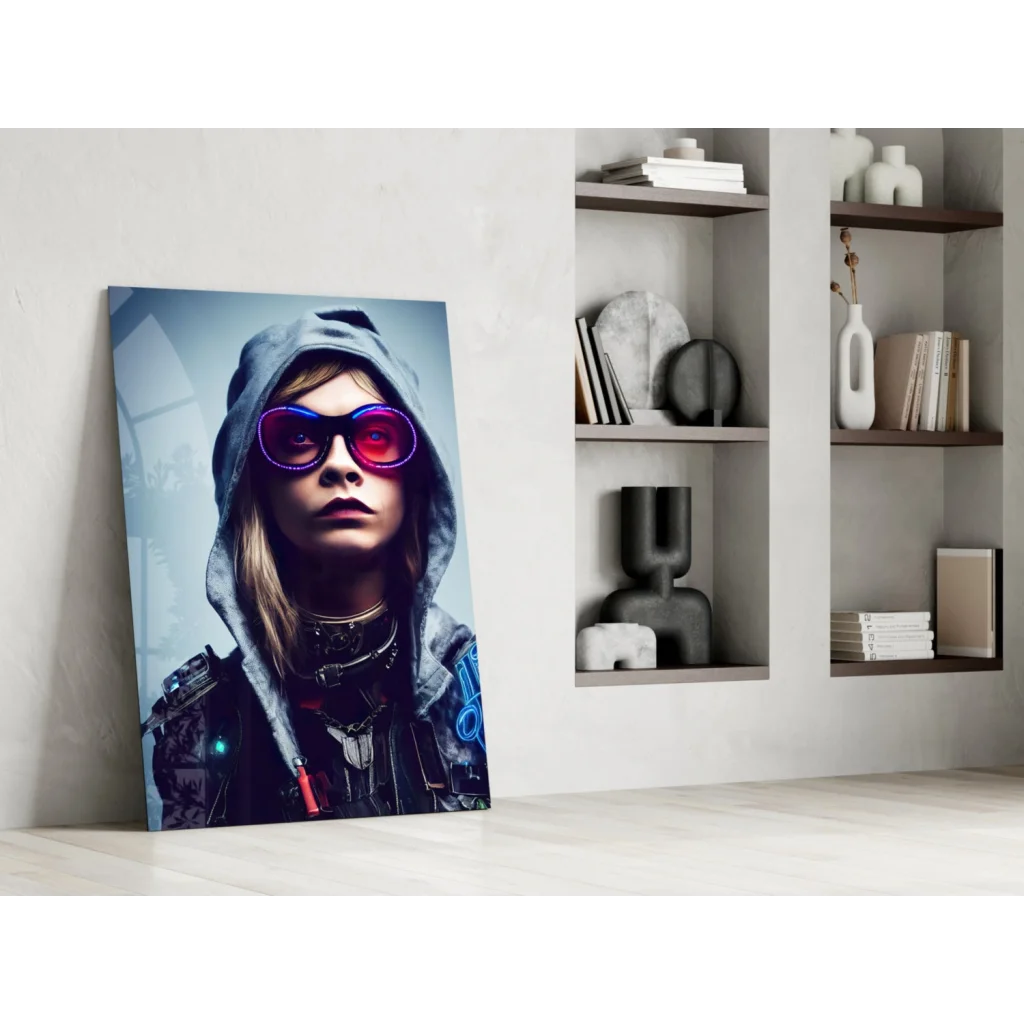 Stylized neon cyberpunk portrait glass wall art with purple sunglasses