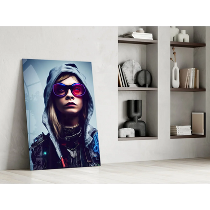 Stylized neon cyberpunk portrait glass wall art with purple sunglasses